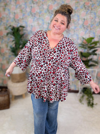 McKenna Kimono Cut 3/4 Sleeve Top in Gray + Red Leopard-1- ShortSlv/Slvless Tops-WHITE BIRCH-Styled by Stacked - A Plus Size Women's Boutique in Lakeville, MN