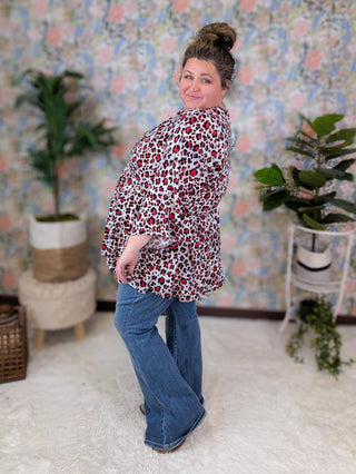 McKenna Kimono Cut 3/4 Sleeve Top in Gray + Red Leopard-1- ShortSlv/Slvless Tops-WHITE BIRCH-Styled by Stacked - A Plus Size Women's Boutique in Lakeville, MN