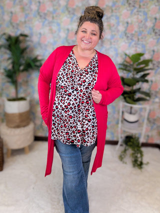 McKenna Kimono Cut 3/4 Sleeve Top in Gray + Red Leopard-1- ShortSlv/Slvless Tops-WHITE BIRCH-Styled by Stacked - A Plus Size Women's Boutique in Lakeville, MN