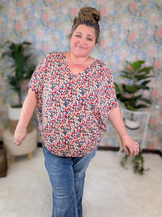 Viola Painted Floral Vneck w/Dolman Short Sleeves-1- ShortSlv/Slvless Tops-WHITE BIRCH-Styled by Stacked - A Plus Size Women's Boutique in Lakeville, MN