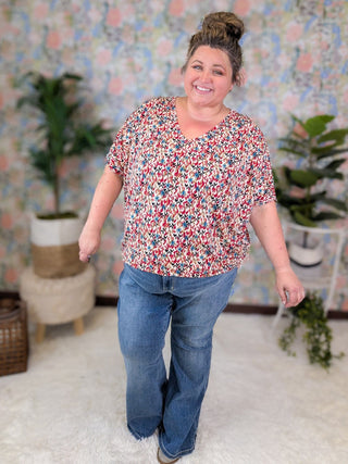 Viola Painted Floral Vneck w/Dolman Short Sleeves-1- ShortSlv/Slvless Tops-WHITE BIRCH-Styled by Stacked - A Plus Size Women's Boutique in Lakeville, MN