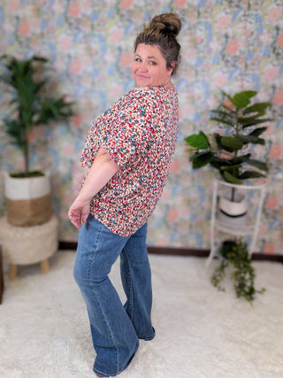 Viola Painted Floral Vneck w/Dolman Short Sleeves-1- ShortSlv/Slvless Tops-WHITE BIRCH-Styled by Stacked - A Plus Size Women's Boutique in Lakeville, MN