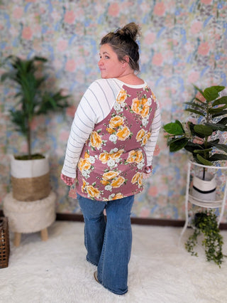 Yolanda Mauve Floral Raglan Top w/Striped Long Sleeves-2- Long Sleeve Tops-HAPTICS-Styled by Stacked - A Plus Size Women's Boutique in Lakeville, MN