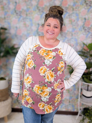 Yolanda Mauve Floral Raglan Top w/Striped Long Sleeves-2- Long Sleeve Tops-HAPTICS-Styled by Stacked - A Plus Size Women's Boutique in Lakeville, MN