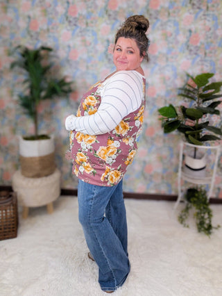 Yolanda Mauve Floral Raglan Top w/Striped Long Sleeves-2- Long Sleeve Tops-HAPTICS-Styled by Stacked - A Plus Size Women's Boutique in Lakeville, MN