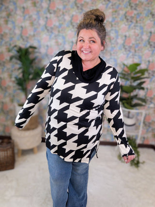 Charmaine Houndstooth Cowlneck Long Sleeve Top (2 Colors)-2- Long Sleeve Tops-BE STAGE-Styled by Stacked - A Plus Size Women's Boutique in Lakeville, MN