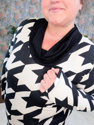 Charmaine Houndstooth Cowlneck Long Sleeve Top (2 Colors)-2- Long Sleeve Tops-BE STAGE-Styled by Stacked - A Plus Size Women's Boutique in Lakeville, MN