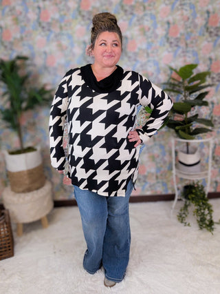 Charmaine Houndstooth Cowlneck Long Sleeve Top (2 Colors)-2- Long Sleeve Tops-BE STAGE-Styled by Stacked - A Plus Size Women's Boutique in Lakeville, MN