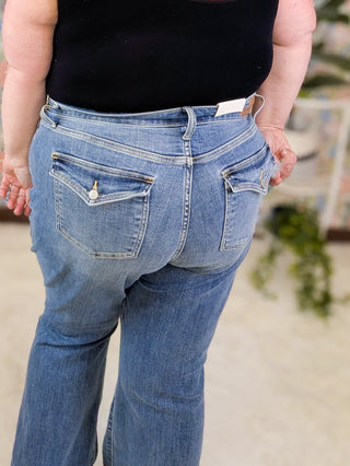 Judy Blue Double Button Patch Pocket Flares-9- Bottoms Denim-Judy Blue-Styled by Stacked - A Plus Size Women's Boutique in Lakeville, MN