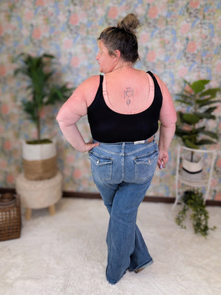 Judy Blue Double Button Patch Pocket Flares-9- Bottoms Denim-Judy Blue-Styled by Stacked - A Plus Size Women's Boutique in Lakeville, MN