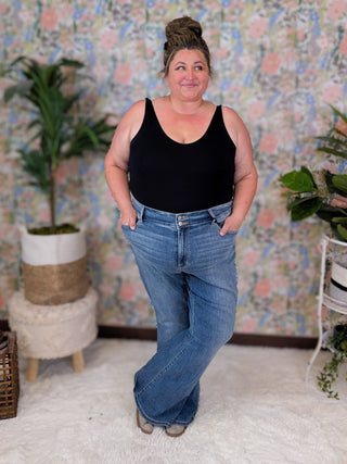 Judy Blue Double Button Patch Pocket Flares-9- Bottoms Denim-Judy Blue-Styled by Stacked - A Plus Size Women's Boutique in Lakeville, MN