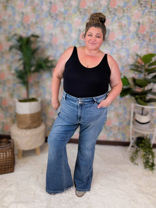 Judy Blue Double Button Patch Pocket Flares-9- Bottoms Denim-Judy Blue-Styled by Stacked - A Plus Size Women's Boutique in Lakeville, MN