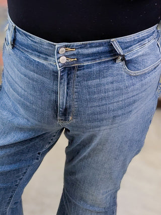 Judy Blue Double Button Patch Pocket Flares-9- Bottoms Denim-Judy Blue-Styled by Stacked - A Plus Size Women's Boutique in Lakeville, MN