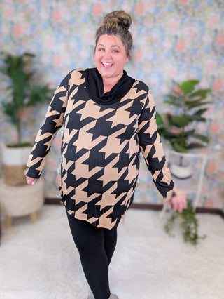 Charmaine Houndstooth Cowlneck Long Sleeve Top (2 Colors)-2- Long Sleeve Tops-BE STAGE-Styled by Stacked - A Plus Size Women's Boutique in Lakeville, MN