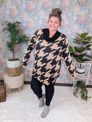 Charmaine Houndstooth Cowlneck Long Sleeve Top (2 Colors)-2- Long Sleeve Tops-BE STAGE-Styled by Stacked - A Plus Size Women's Boutique in Lakeville, MN