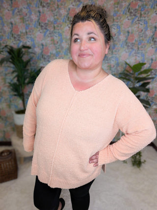 Drew Slouchy Chenille Sweater w/Center Seam in Apricot-2- Long Sleeve Tops-WHITE BIRCH-Styled by Stacked - A Plus Size Women's Boutique in Lakeville, MN