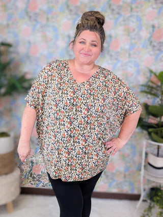 Viola Painted Floral Vneck w/Dolman Short Sleeves-1- ShortSlv/Slvless Tops-WHITE BIRCH-Styled by Stacked - A Plus Size Women's Boutique in Lakeville, MN