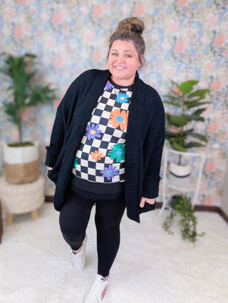 Penelope Black + White Checker Top w/Floral Pops-1- ShortSlv/Slvless Tops-HEIMISH-Styled by Stacked - A Plus Size Women's Boutique in Lakeville, MN