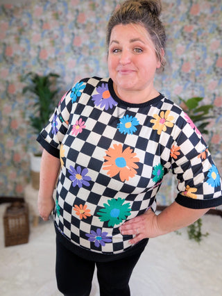 Penelope Black + White Checker Top w/Floral Pops-1- ShortSlv/Slvless Tops-HEIMISH-Styled by Stacked - A Plus Size Women's Boutique in Lakeville, MN