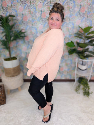 Drew Slouchy Chenille Sweater w/Center Seam in Apricot-2- Long Sleeve Tops-WHITE BIRCH-Styled by Stacked - A Plus Size Women's Boutique in Lakeville, MN