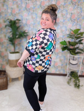Penelope Black + White Checker Top w/Floral Pops-1- ShortSlv/Slvless Tops-HEIMISH-Styled by Stacked - A Plus Size Women's Boutique in Lakeville, MN