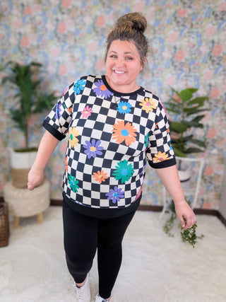 Penelope Black + White Checker Top w/Floral Pops-1- ShortSlv/Slvless Tops-HEIMISH-Styled by Stacked - A Plus Size Women's Boutique in Lakeville, MN