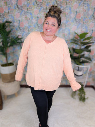 Drew Slouchy Chenille Sweater w/Center Seam in Apricot-2- Long Sleeve Tops-WHITE BIRCH-Styled by Stacked - A Plus Size Women's Boutique in Lakeville, MN