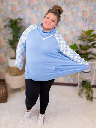 PHC- Triple Stretch Zipcowl in Blue w/Checker Sleeves-3- Hooded Tops-MICHELLE MAE-Styled by Stacked - A Plus Size Women's Boutique in Lakeville, MN