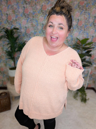 Drew Slouchy Chenille Sweater w/Center Seam in Apricot-2- Long Sleeve Tops-WHITE BIRCH-Styled by Stacked - A Plus Size Women's Boutique in Lakeville, MN
