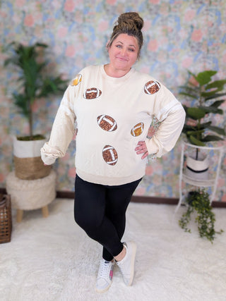 Gameday Sequin Football Pullover on Beige-2- Long Sleeve Tops-WHITE BIRCH-Styled by Stacked - A Plus Size Women's Boutique in Lakeville, MN