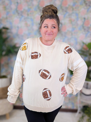 Gameday Sequin Football Pullover on Beige-2- Long Sleeve Tops-WHITE BIRCH-Styled by Stacked - A Plus Size Women's Boutique in Lakeville, MN