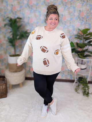 Gameday Sequin Football Pullover on Beige-2- Long Sleeve Tops-WHITE BIRCH-Styled by Stacked - A Plus Size Women's Boutique in Lakeville, MN