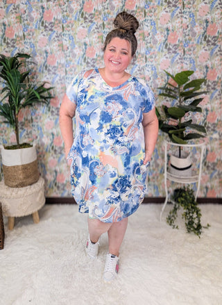 Amara Short Sleeve Tunic/Dress in Blue Mix Paisley-11- Dress/Romp/Jump-HEIMISH-Styled by Stacked - A Plus Size Women's Boutique in Lakeville, MN