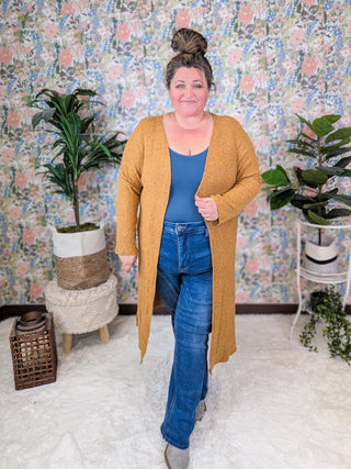 Alma Long Sleeve Duster Cardigan in Heathered Mustard-4- Overlayer Tops-EMERALD-Styled by Stacked - A Plus Size Women's Boutique in Lakeville, MN