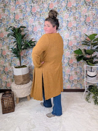 Alma Long Sleeve Duster Cardigan in Heathered Mustard – Stacked