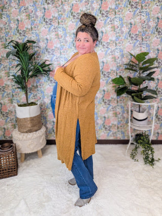Alma Long Sleeve Duster Cardigan in Heathered Mustard-4- Overlayer Tops-EMERALD-Styled by Stacked - A Plus Size Women's Boutique in Lakeville, MN