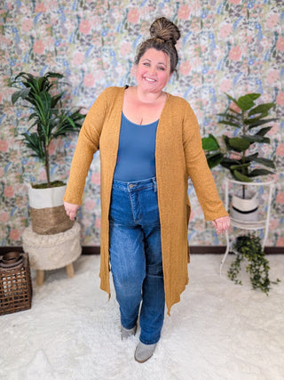 Alma Long Sleeve Duster Cardigan in Heathered Mustard-4- Overlayer Tops-EMERALD-Styled by Stacked - A Plus Size Women's Boutique in Lakeville, MN