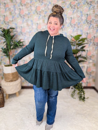 Maria Tiered Hoodie in Thermal Knit Jewel Green-2- Long Sleeve Tops-BE STAGE-Styled by Stacked - A Plus Size Women's Boutique in Lakeville, MN