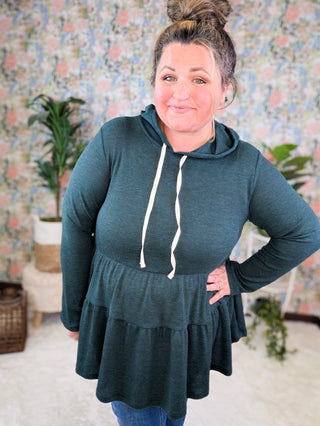 Maria Tiered Hoodie in Thermal Knit Jewel Green-2- Long Sleeve Tops-BE STAGE-Styled by Stacked - A Plus Size Women's Boutique in Lakeville, MN