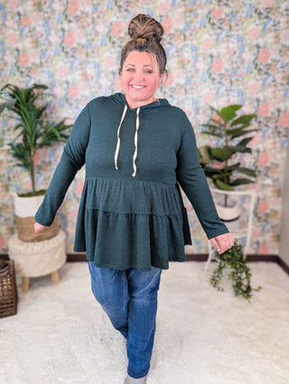 Maria Tiered Hoodie in Thermal Knit Jewel Green-2- Long Sleeve Tops-BE STAGE-Styled by Stacked - A Plus Size Women's Boutique in Lakeville, MN