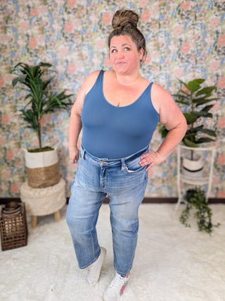 RFM High Rise Tummy Control Straight Leg in Sanded Medium-9- Bottoms Denim-RFM-Styled by Stacked - A Plus Size Women's Boutique in Lakeville, MN