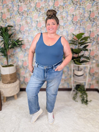 RFM High Rise Tummy Control Straight Leg in Sanded Medium-9- Bottoms Denim-RFM-Styled by Stacked - A Plus Size Women's Boutique in Lakeville, MN