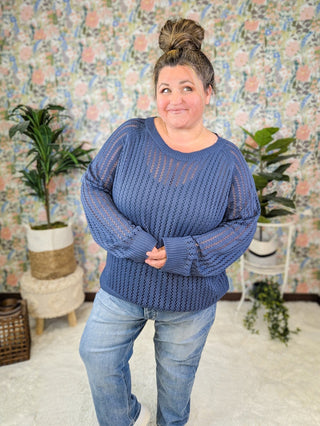 Polly Open Knit Long Sleeve Sweater in Denim Blue-2- Long Sleeve Tops-WHITE BIRCH-Styled by Stacked - A Plus Size Women's Boutique in Lakeville, MN