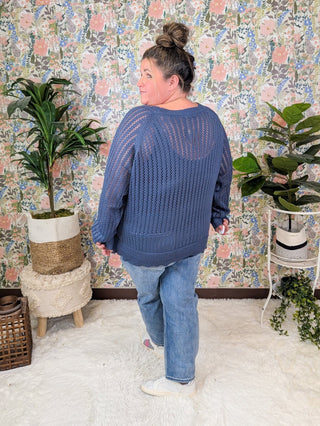 Polly Open Knit Long Sleeve Sweater in Denim Blue-2- Long Sleeve Tops-WHITE BIRCH-Styled by Stacked - A Plus Size Women's Boutique in Lakeville, MN