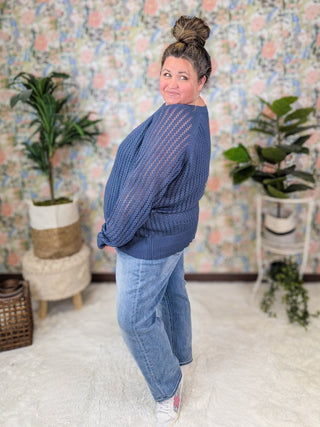 Polly Open Knit Long Sleeve Sweater in Denim Blue-2- Long Sleeve Tops-WHITE BIRCH-Styled by Stacked - A Plus Size Women's Boutique in Lakeville, MN