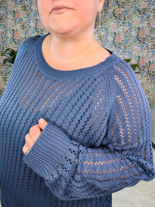 Polly Open Knit Long Sleeve Sweater in Denim Blue-2- Long Sleeve Tops-WHITE BIRCH-Styled by Stacked - A Plus Size Women's Boutique in Lakeville, MN
