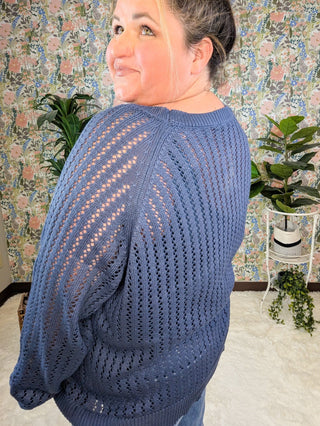 Polly Open Knit Long Sleeve Sweater in Denim Blue-2- Long Sleeve Tops-WHITE BIRCH-Styled by Stacked - A Plus Size Women's Boutique in Lakeville, MN