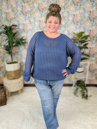 Polly Open Knit Long Sleeve Sweater in Denim Blue-2- Long Sleeve Tops-WHITE BIRCH-Styled by Stacked - A Plus Size Women's Boutique in Lakeville, MN