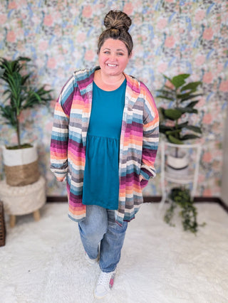 Patsy Multi Stripe Button Front Hooded Cardigan-4- Overlayer Tops-HEIMISH-Styled by Stacked - A Plus Size Women's Boutique in Lakeville, MN