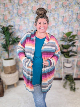 Patsy Multi Stripe Button Front Hooded Cardigan-4- Overlayer Tops-HEIMISH-Styled by Stacked - A Plus Size Women's Boutique in Lakeville, MN
